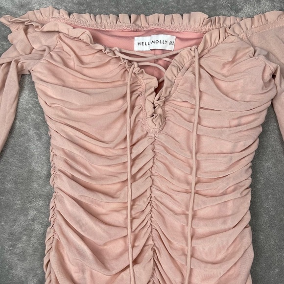 Hello Molly Dress Womens Medium Pink Feminine Ruched Bodycon Mesh Coquette Mini - Picture 5 of 11